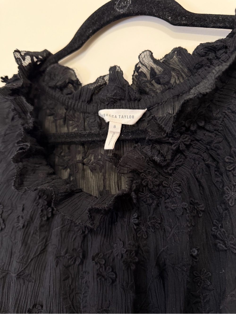 Rebecca Taylor Black Floral Appliqué Ruffle Blouse - Size 8 - Picture 4 of 4
